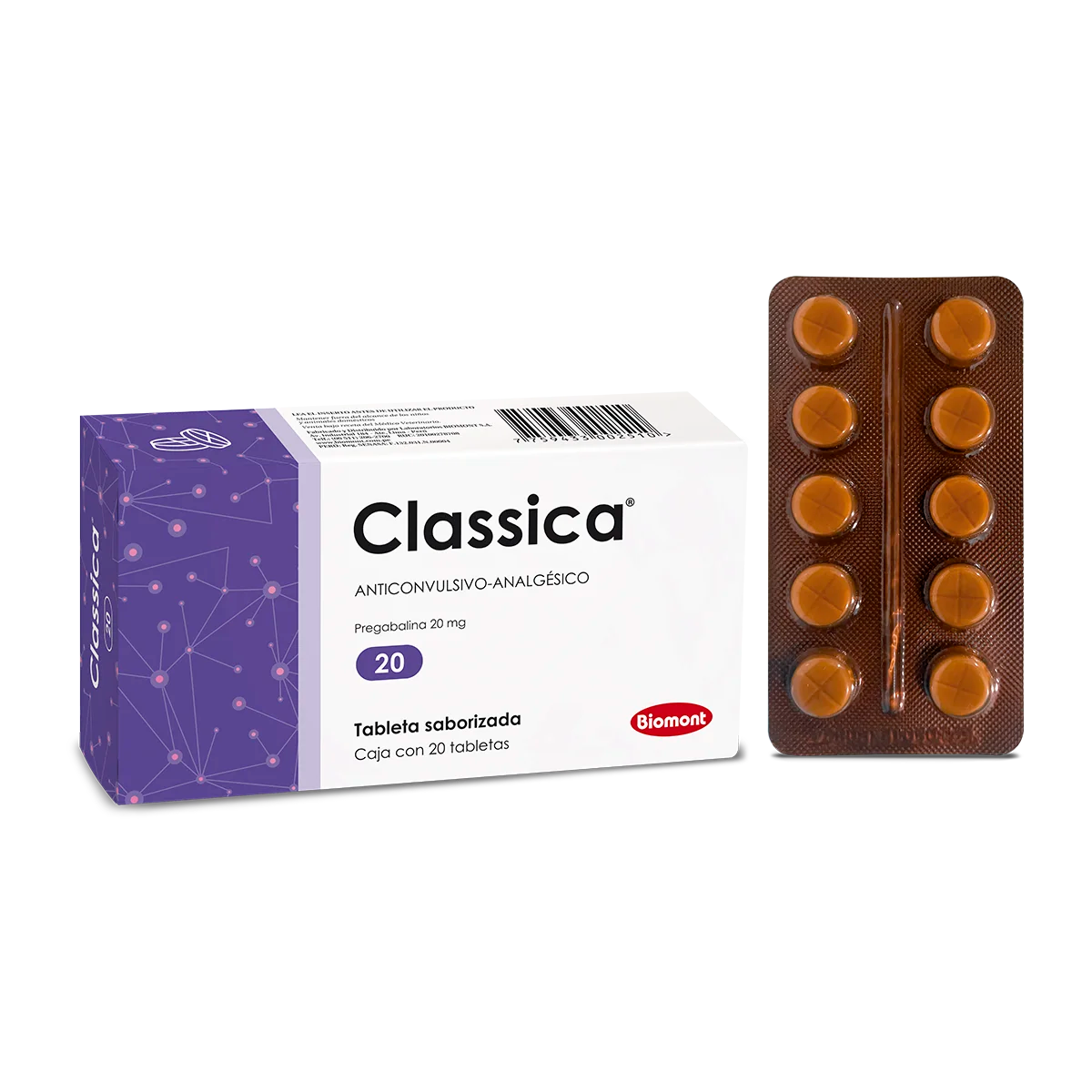 Classica Anticonvulsivo Pregabalina 20mg Tableta saborizada