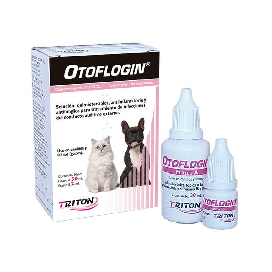 Otoflogin frascos A de 100ml y B 2ml para tratamiento de infecciones del conducto auditivo externo